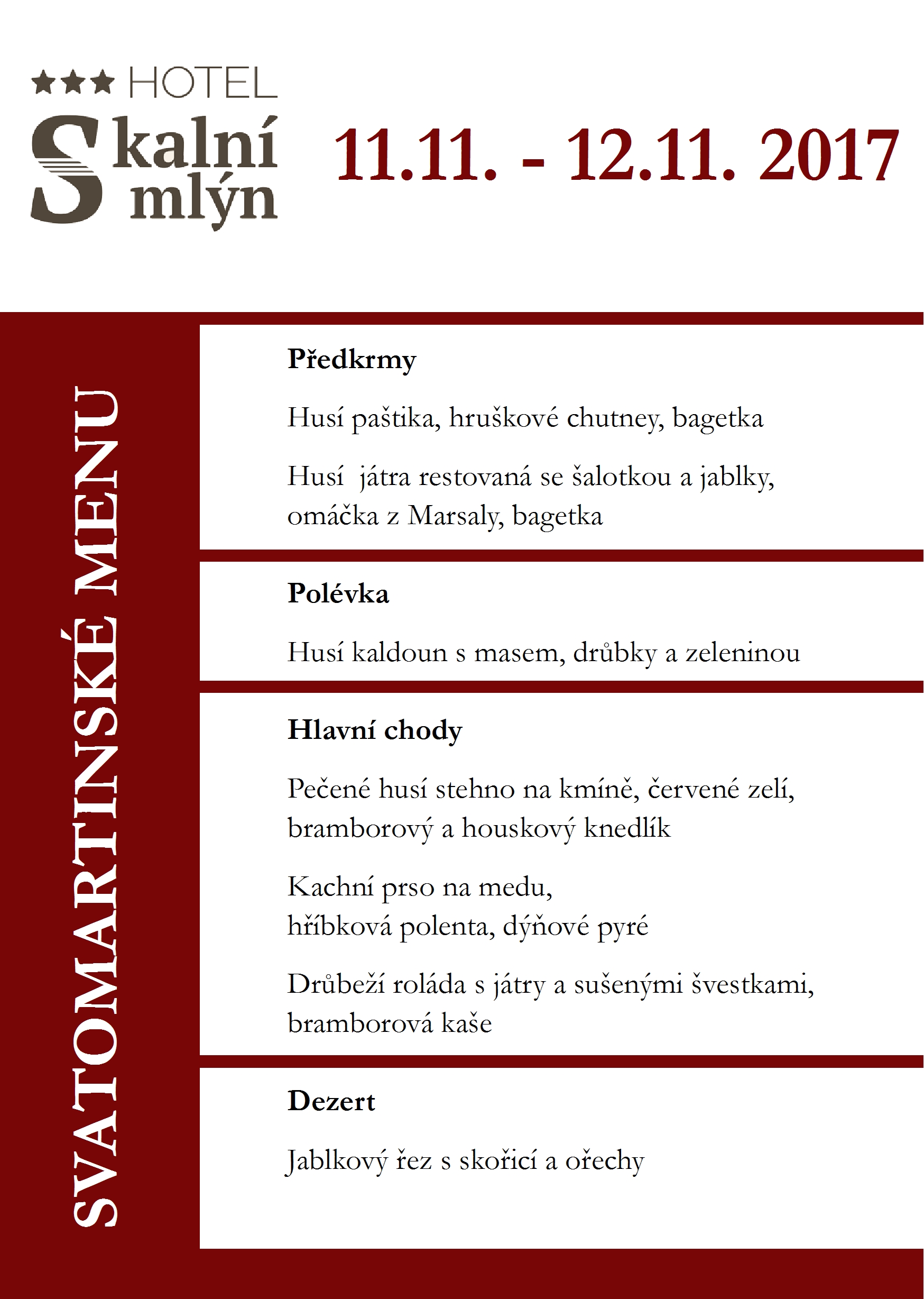 Husí menu v restauraci Skalní mlýn 11.-12.11.2017