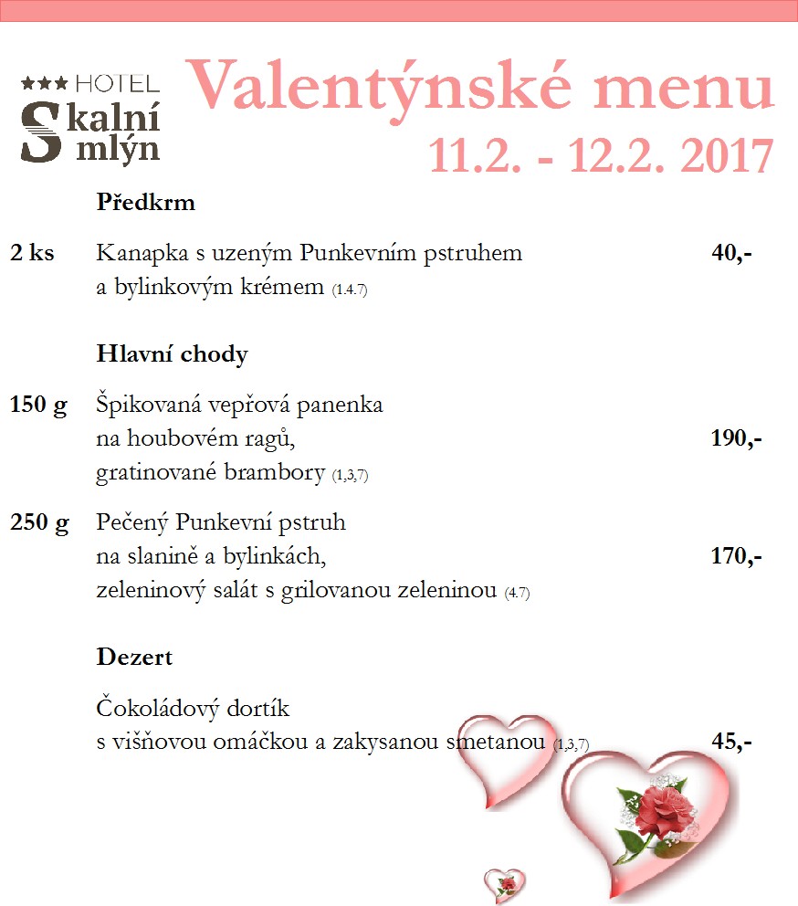 Valentýnské menu na Skalním mlýně v Moravském krasu